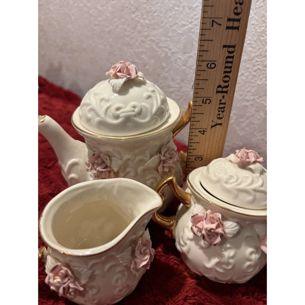 VTG Porcelain 3-D Rose 10k Gold Miniature 6 Piece Tea Set Victorian Cottagecore